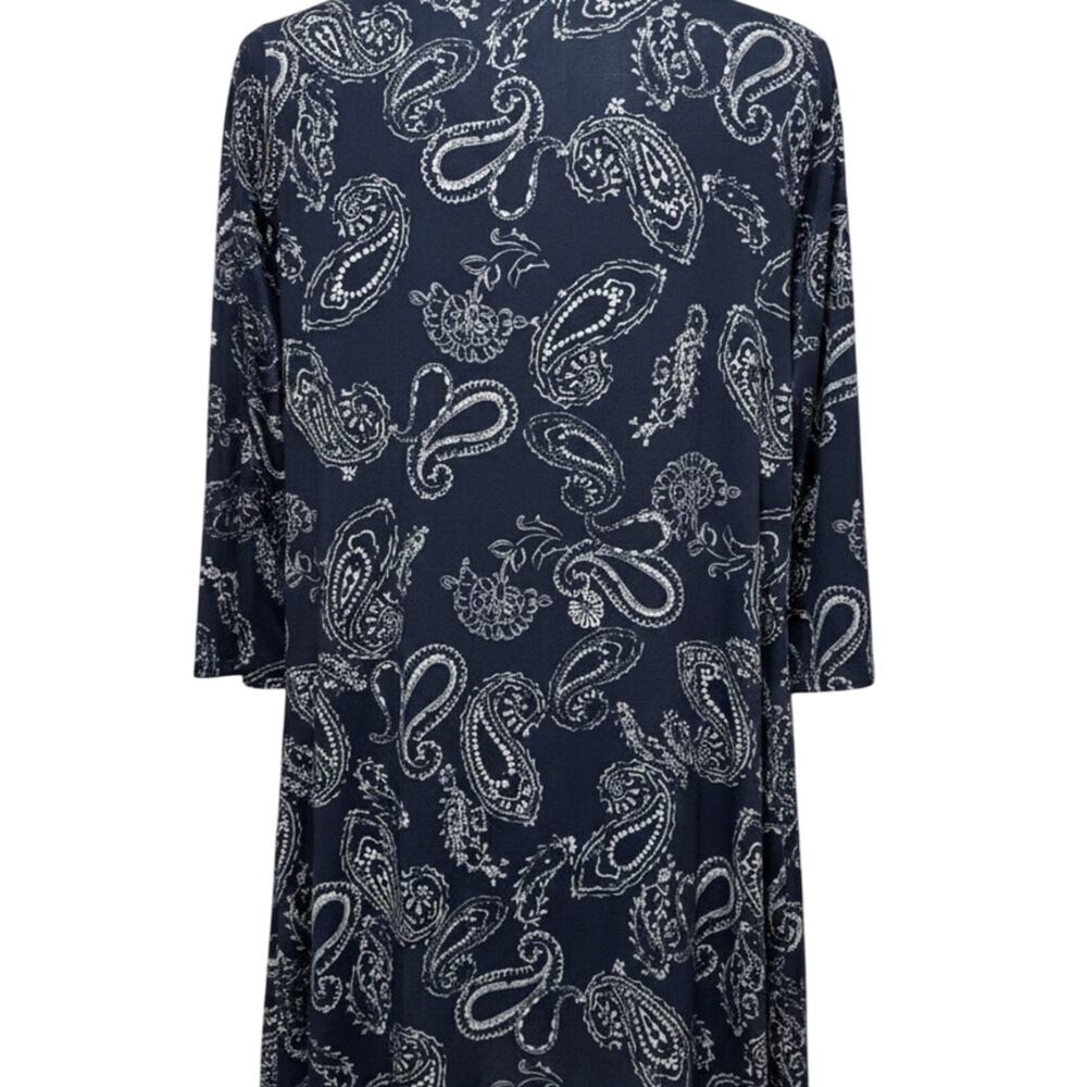 Woman Within Tunic Top 1X 22/24 Navy Blue Paisley Swing Sharkbite Hem 3/4 Sleeve - Picture 2 of 6